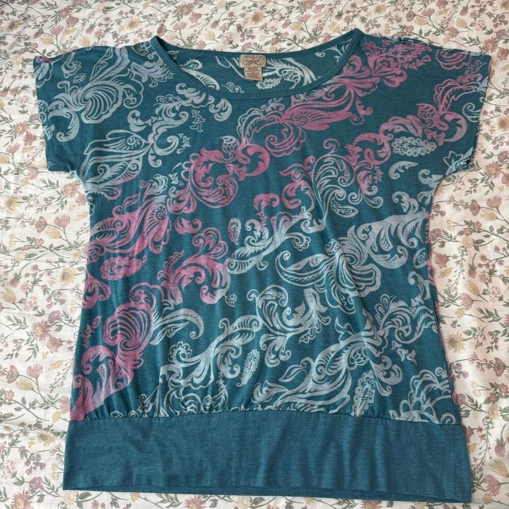Y2K Eyelash Couture Abstract Semi Sheer Patterned Short Sleeve Shirt L